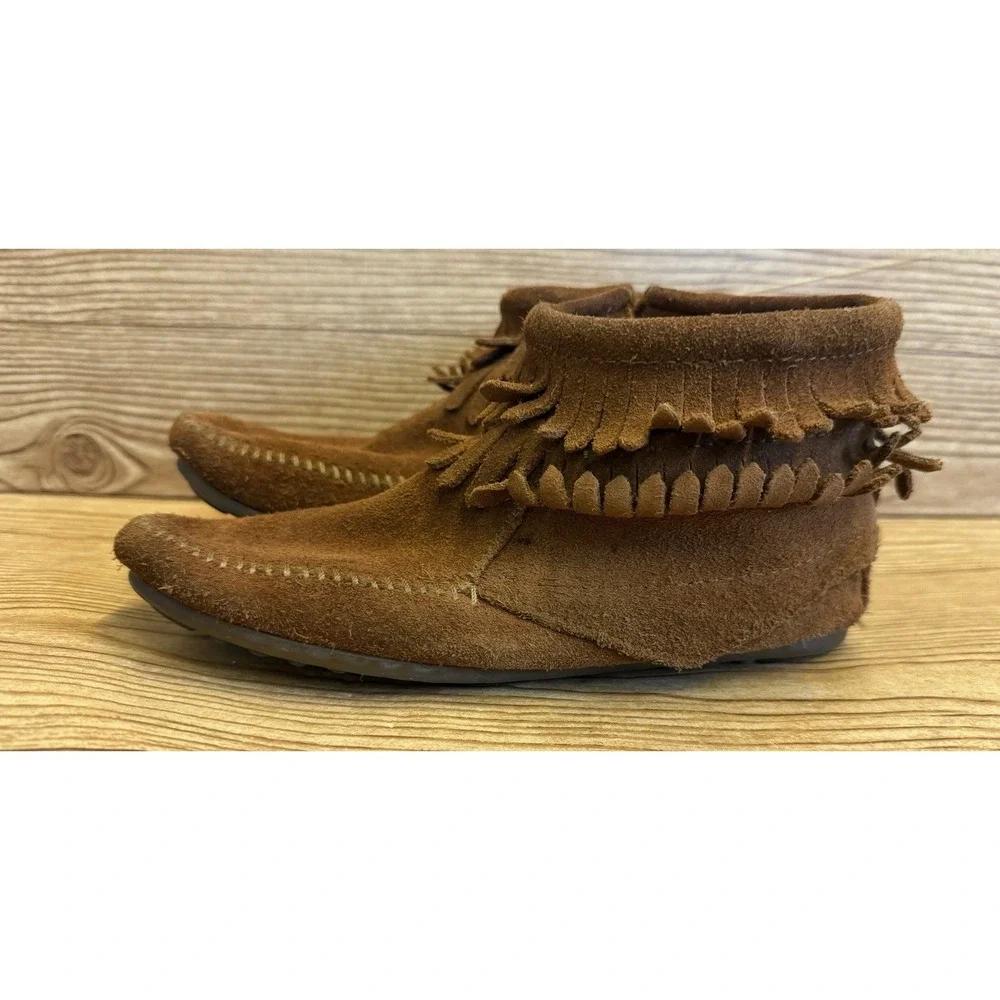 Minnetonka‎ Moccasins Brown Double Fringe Leather Bootie Ankle Boots Girls Sz 3